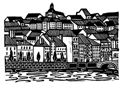 Linocut print of Joigny, France by Burin and Plate