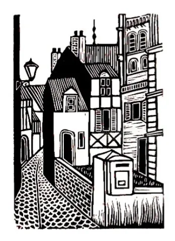 Burin and Plate linocut showing a narrow village street with timbered buildings