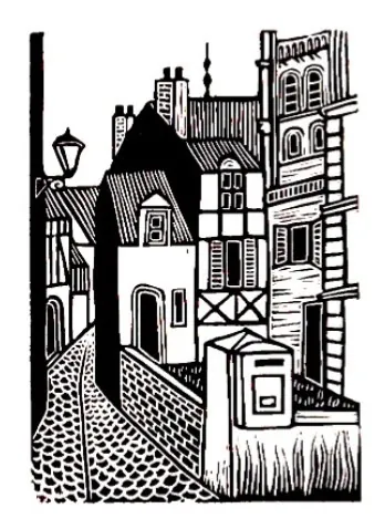 Burin and Plate linocut showing a narrow village street with timbered buildings