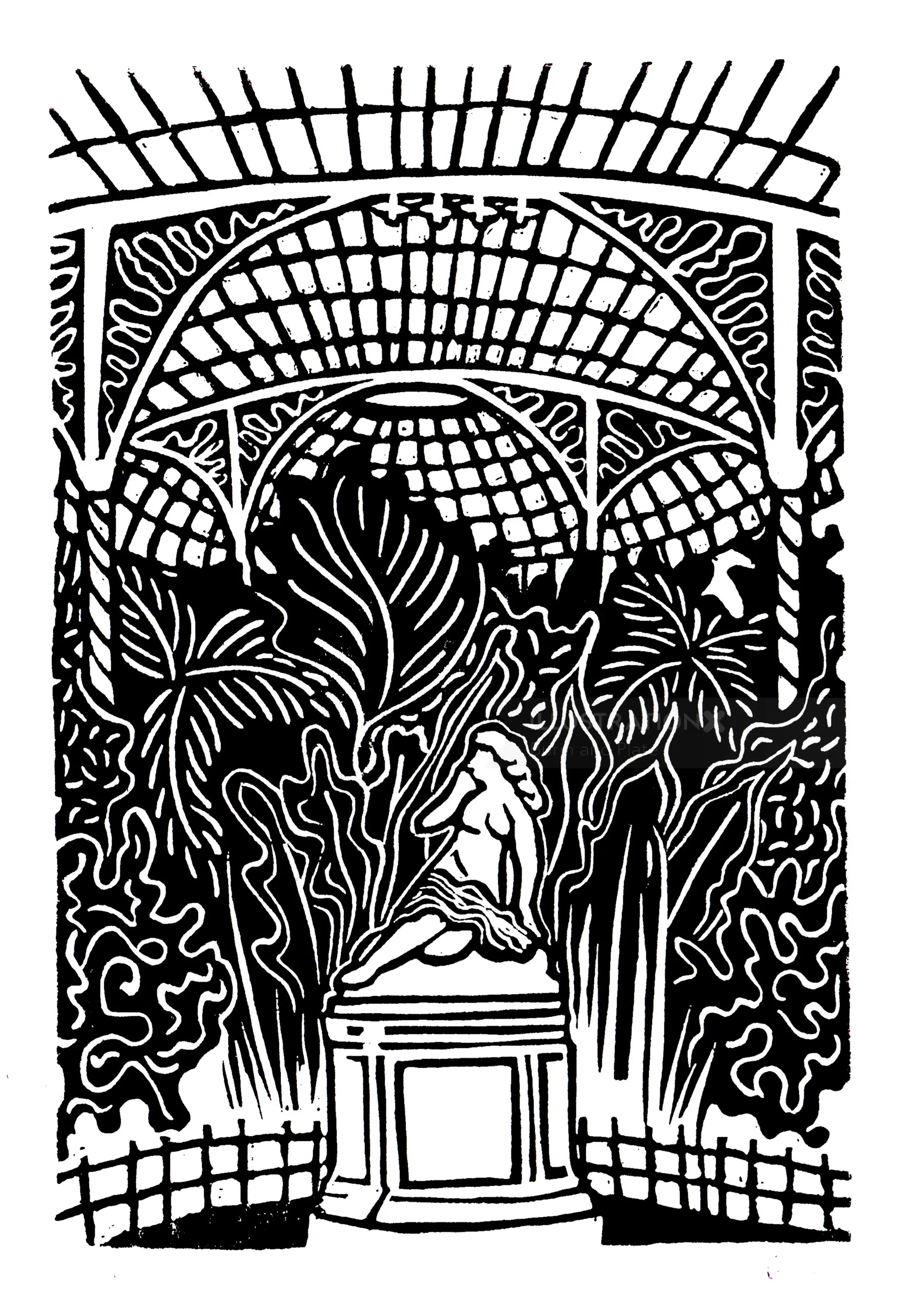 Linocut print of Kibble Palace glasshouse by Burin and Plate
