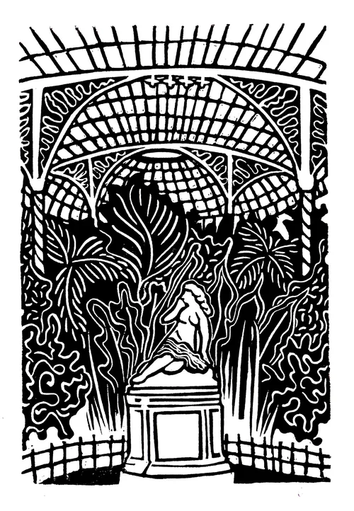 Linocut print of Kibble Palace glasshouse by Burin and Plate