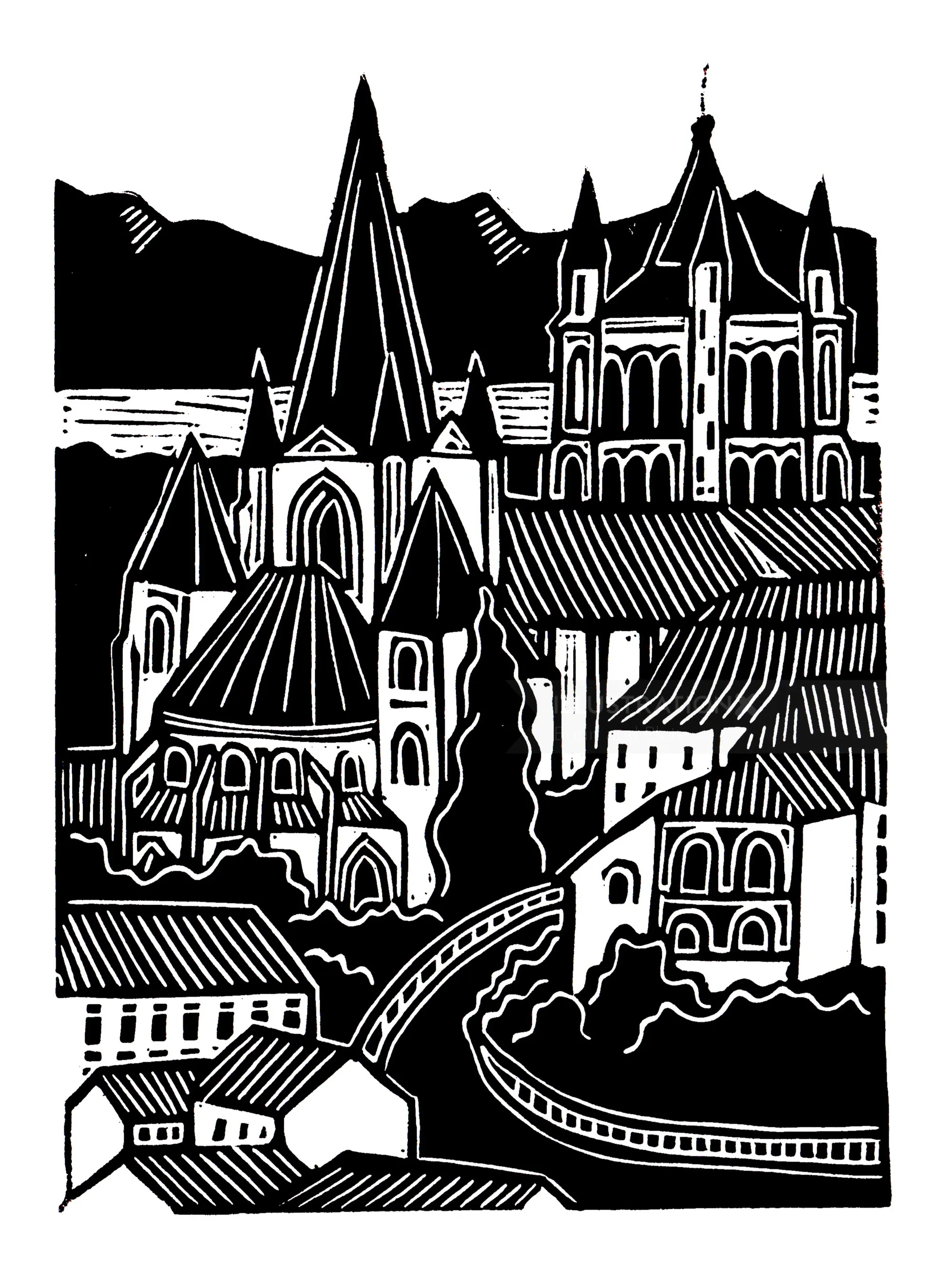 Linogravure de la cathédrale de Lausanne par Burin et Plate