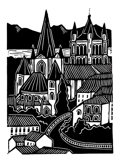 Linocut print of Lausanne Cathedral by Burin and Plate