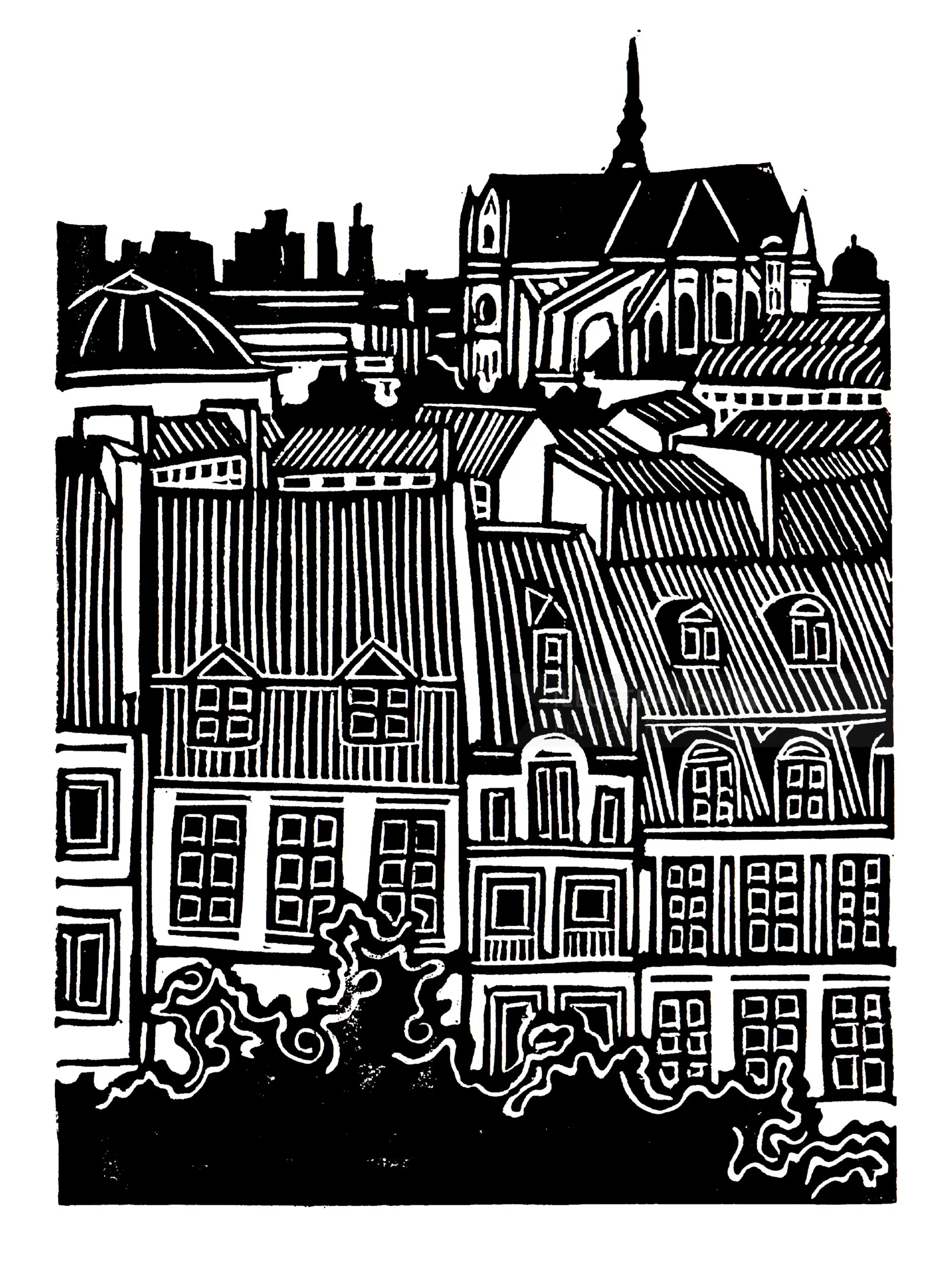 Burin and Plate linocut of Parisian rooftops and historic buildings
