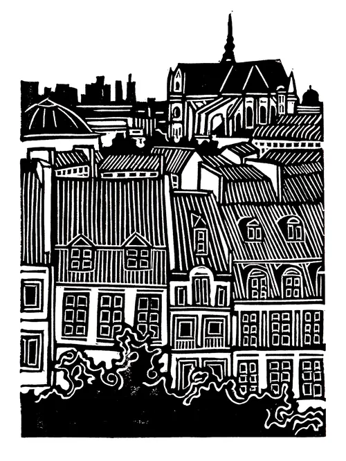 Burin and Plate linocut of Parisian rooftops and historic buildings