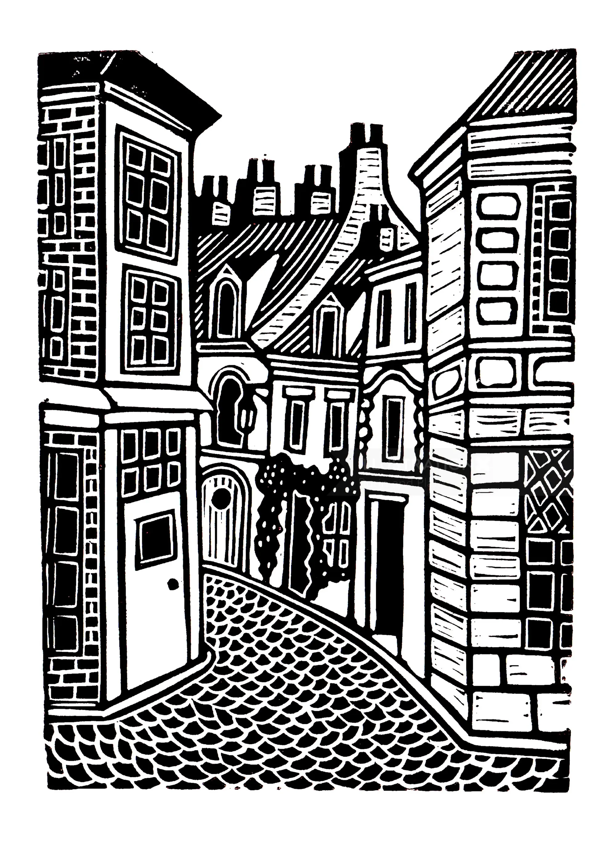 Black-and-white Lille old town linocut by Burin and Plate