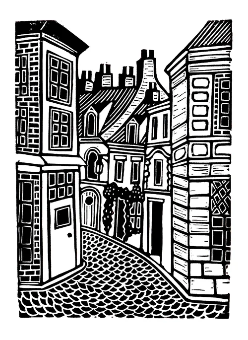 Black-and-white Lille old town linocut by Burin and Plate