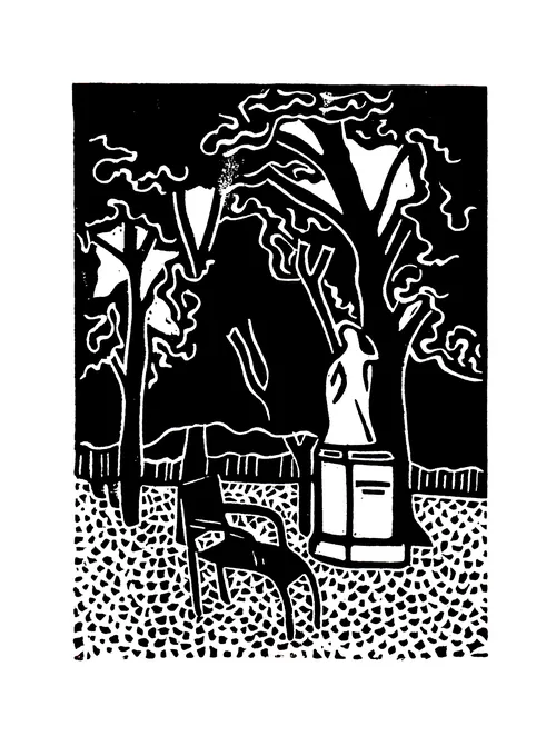 Black-and-white park linocut by Burin and Plate with trees, bench, and bin