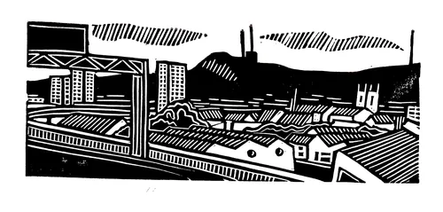 Burin and Plate linocut showing a motorway above an industrial landscape
