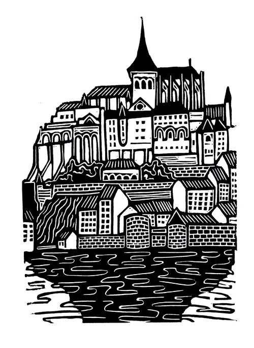 Black-and-white Mont Saint-Michel linocut print by Burin and Plate
