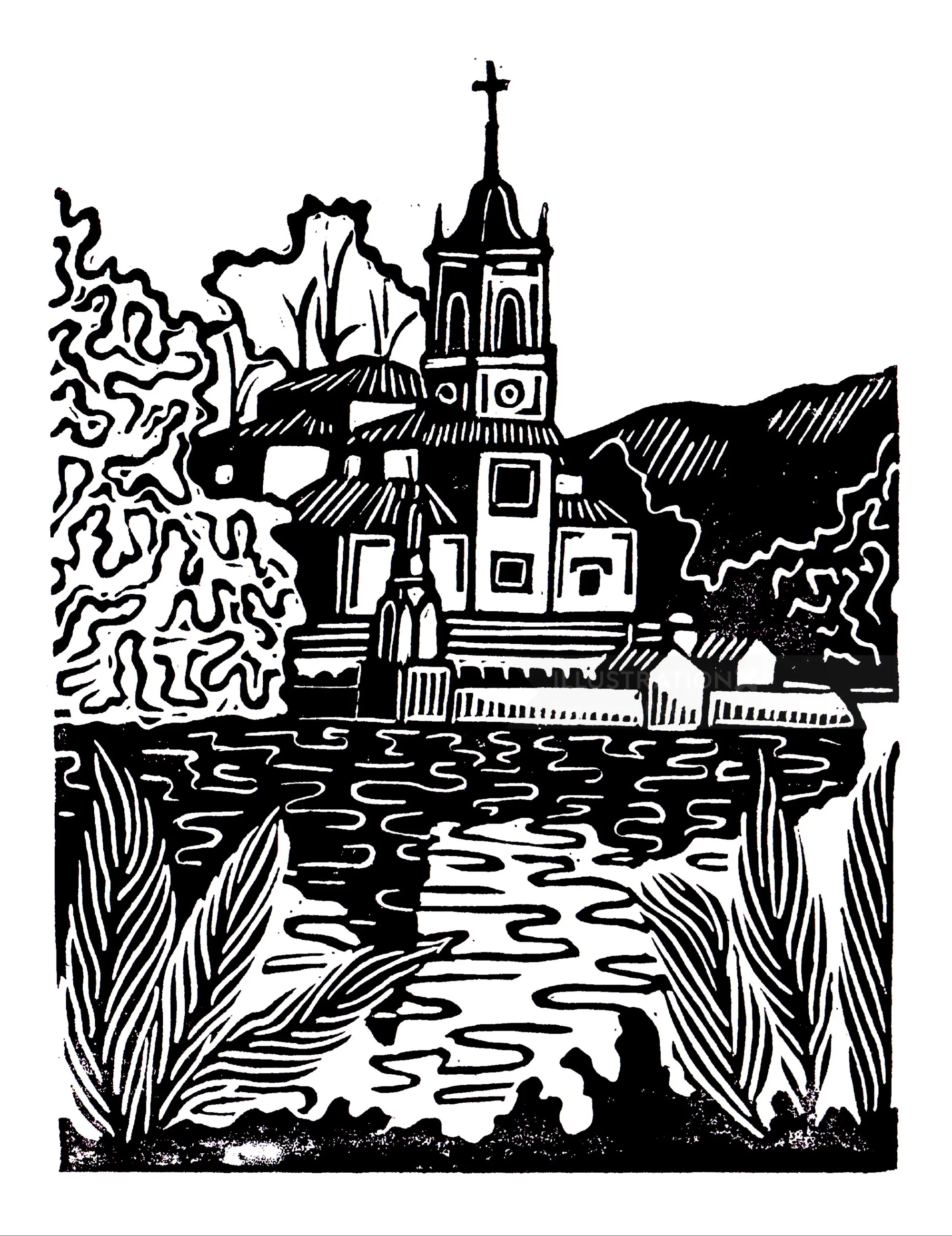 Linocut print of Niembro, Spain, by Burin and Plate