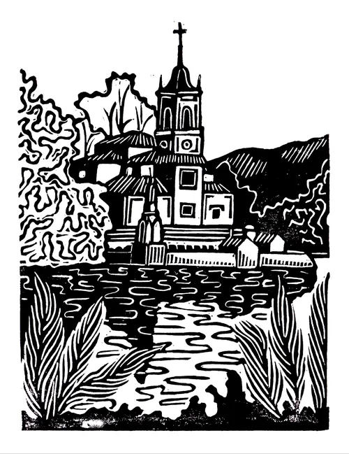 Linocut print of Niembro, Spain, by Burin and Plate