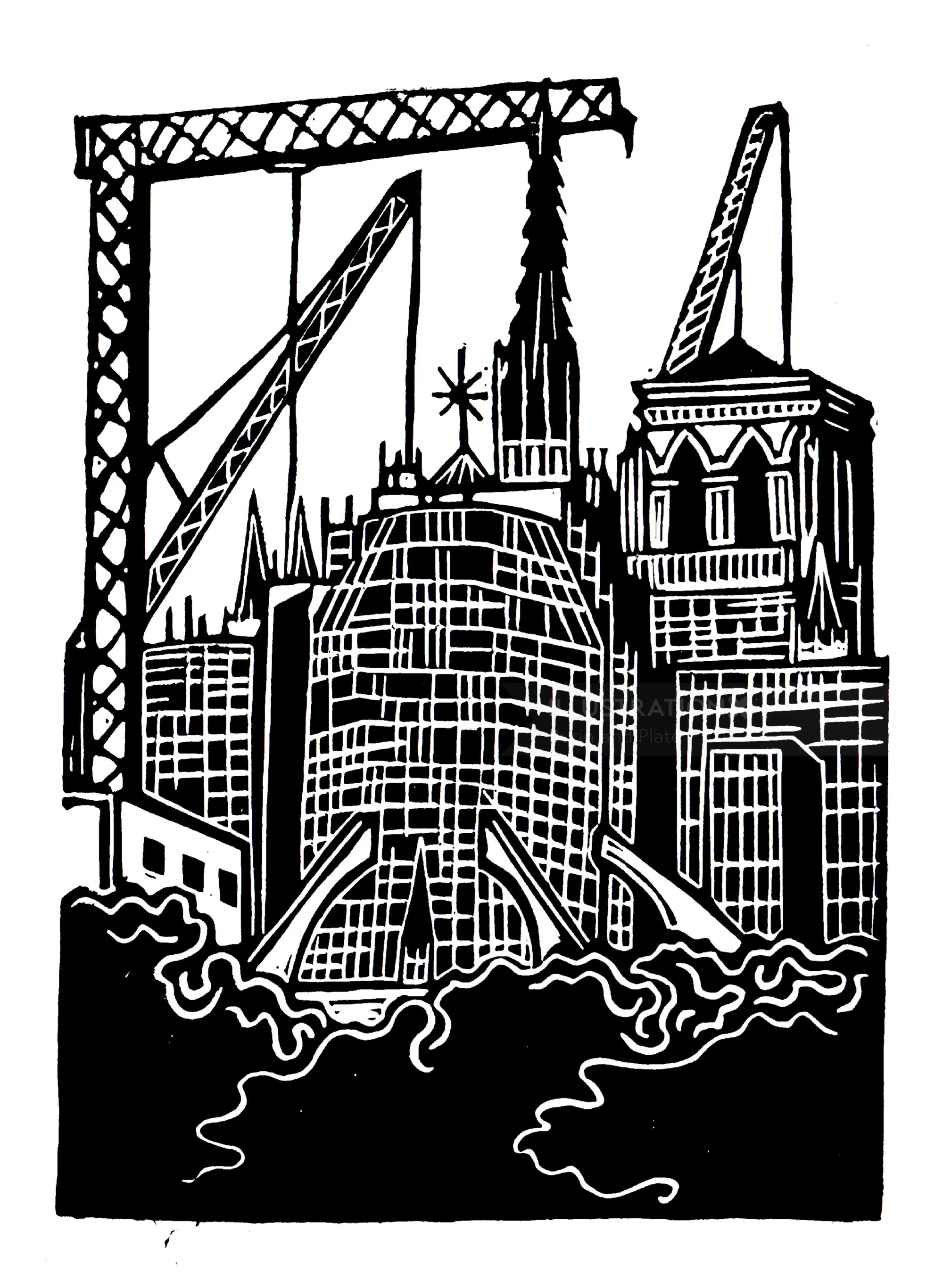 Linocut print of Notre-Dame scaffolding by Burin and Plate