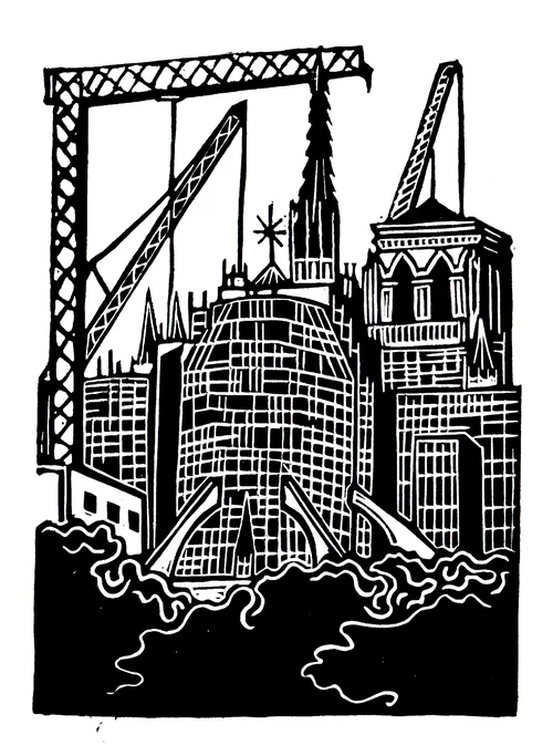 Linocut print of Notre-Dame scaffolding by Burin and Plate