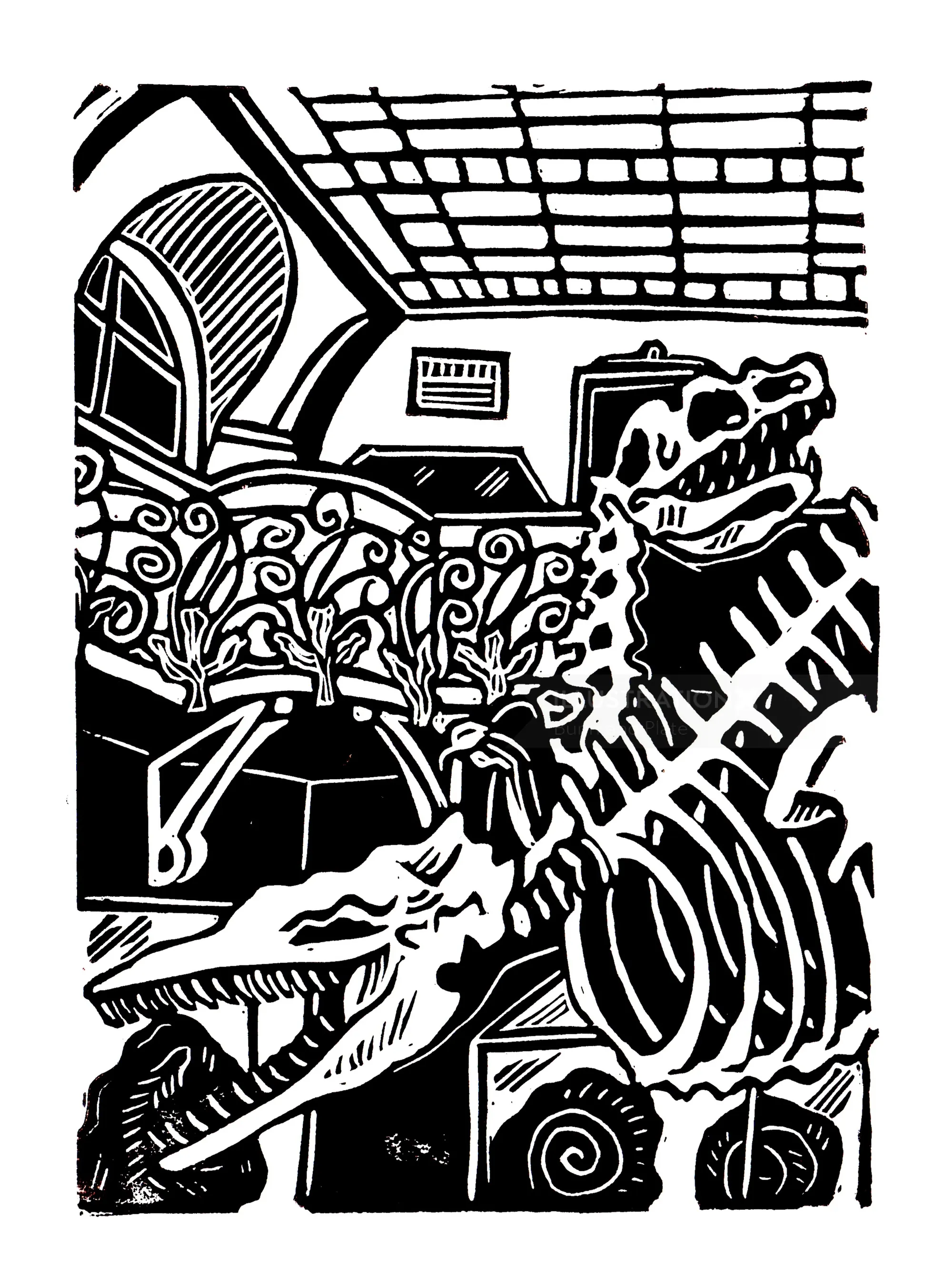 Burin and Plate linocut of dinosaur skeletons in Galerie de Paléontologie