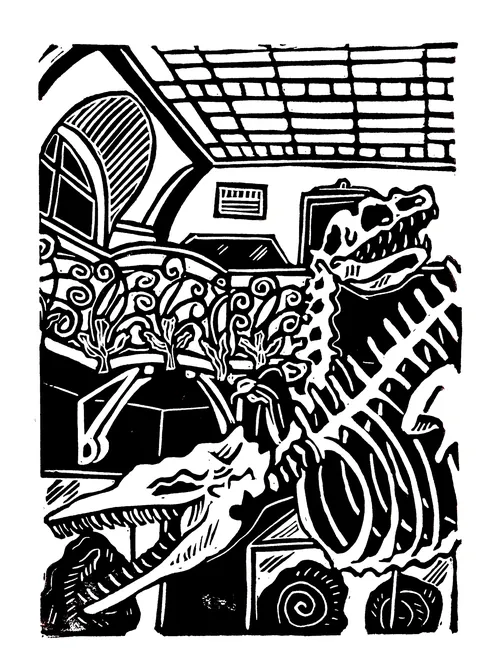 Burin and Plate linocut of dinosaur skeletons in Galerie de Paléontologie