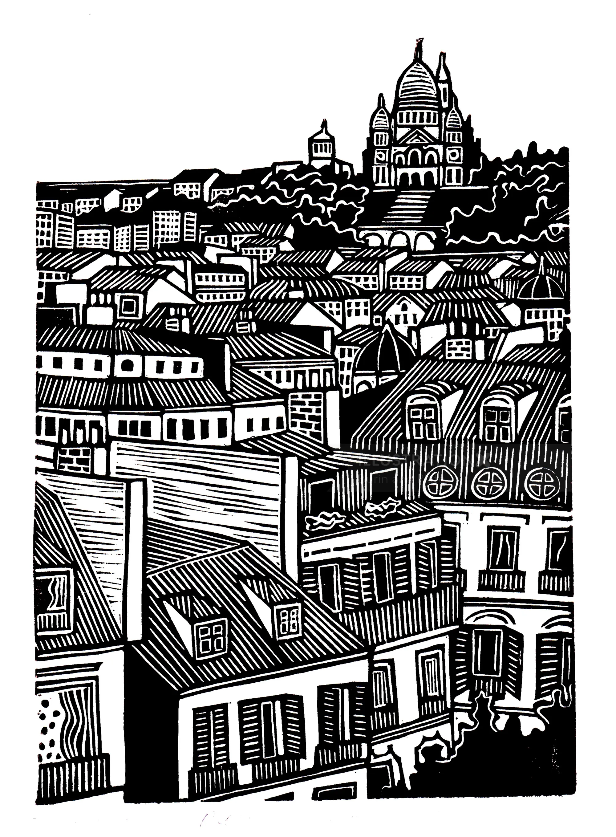 Burin and Plate linocut depicting dense Parisian rooftops and a domed church