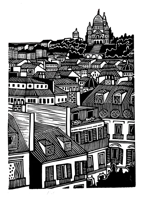 Burin and Plate linocut depicting dense Parisian rooftops and a domed church