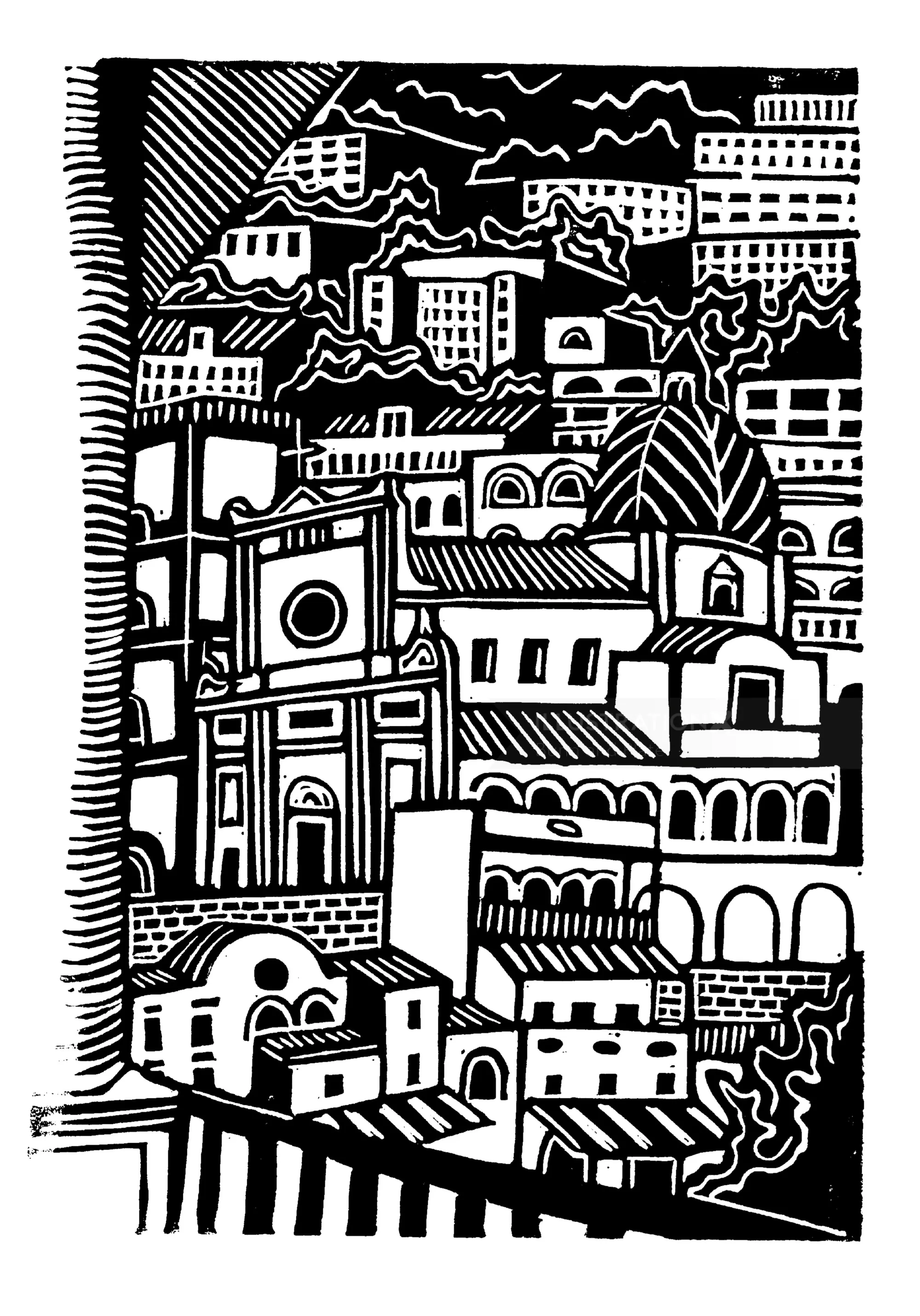 Black-and-white Positano cityscape linocut by Burin and Plate