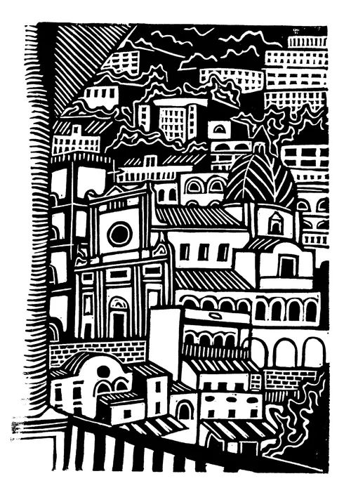 Black-and-white Positano cityscape linocut by Burin and Plate