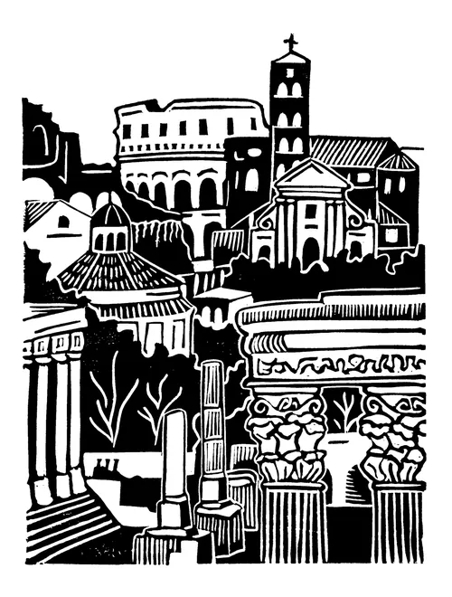 Burin and Plate linocut depicting the Roman Forum in Rome