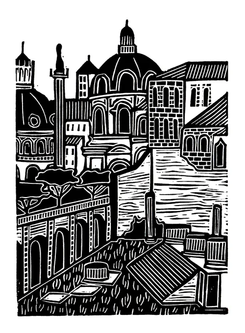 Burin and Plate illustration of the ruins of the Roman Forum in Rome