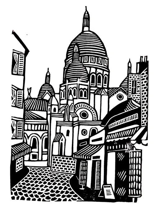 Burin and Plate linocut of Montmartre streets and Sacré-Cœur in Paris