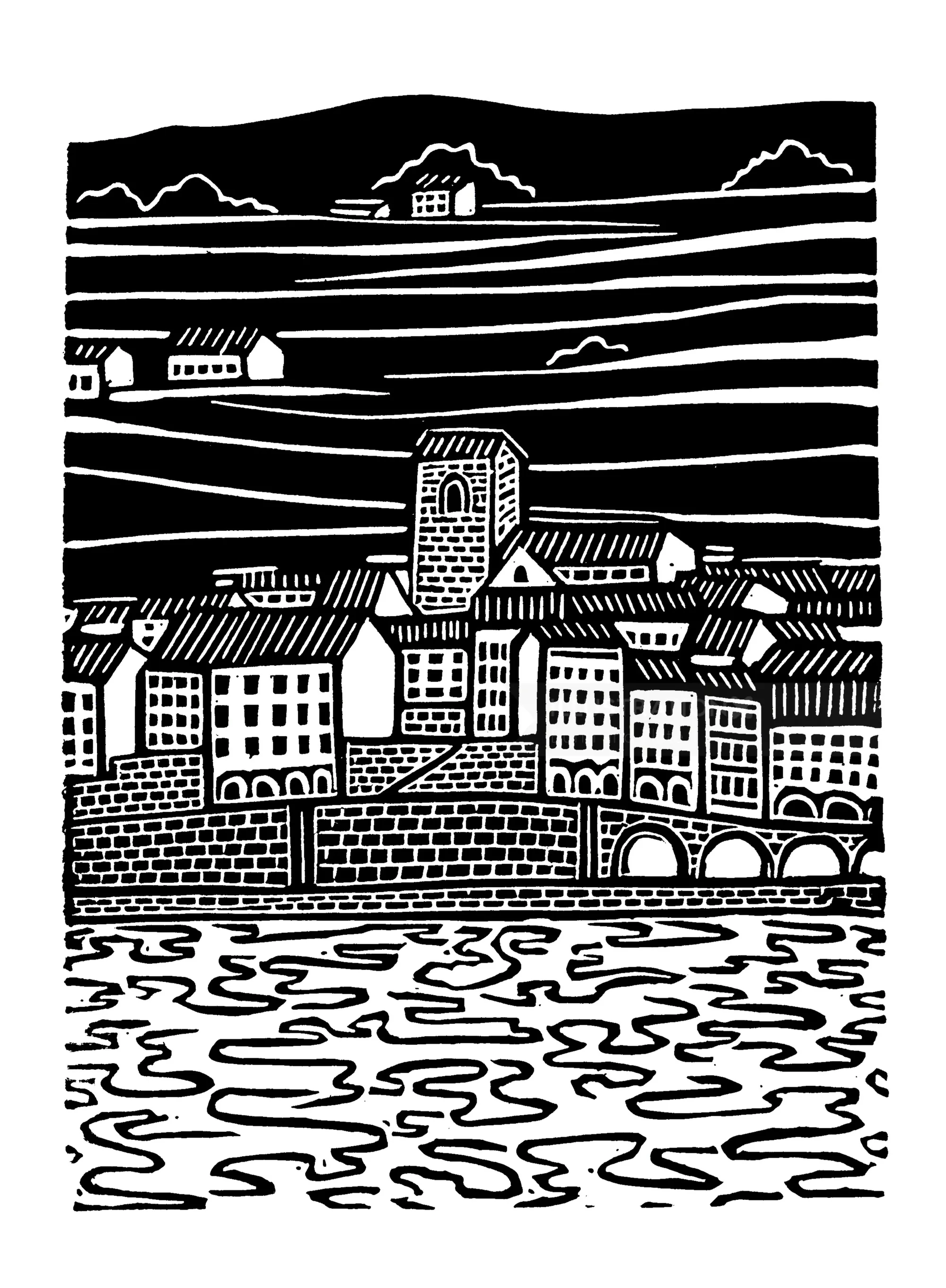 Linocut of Saint-Saphorin, Switzerland by Burin and Plate