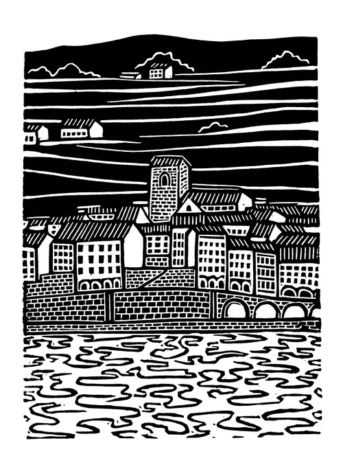 Linocut of Saint-Saphorin, Switzerland by Burin and Plate