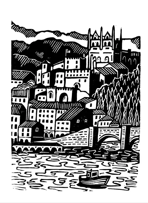 Linocut by Burin and Plate showing San Vicente de la Barquera