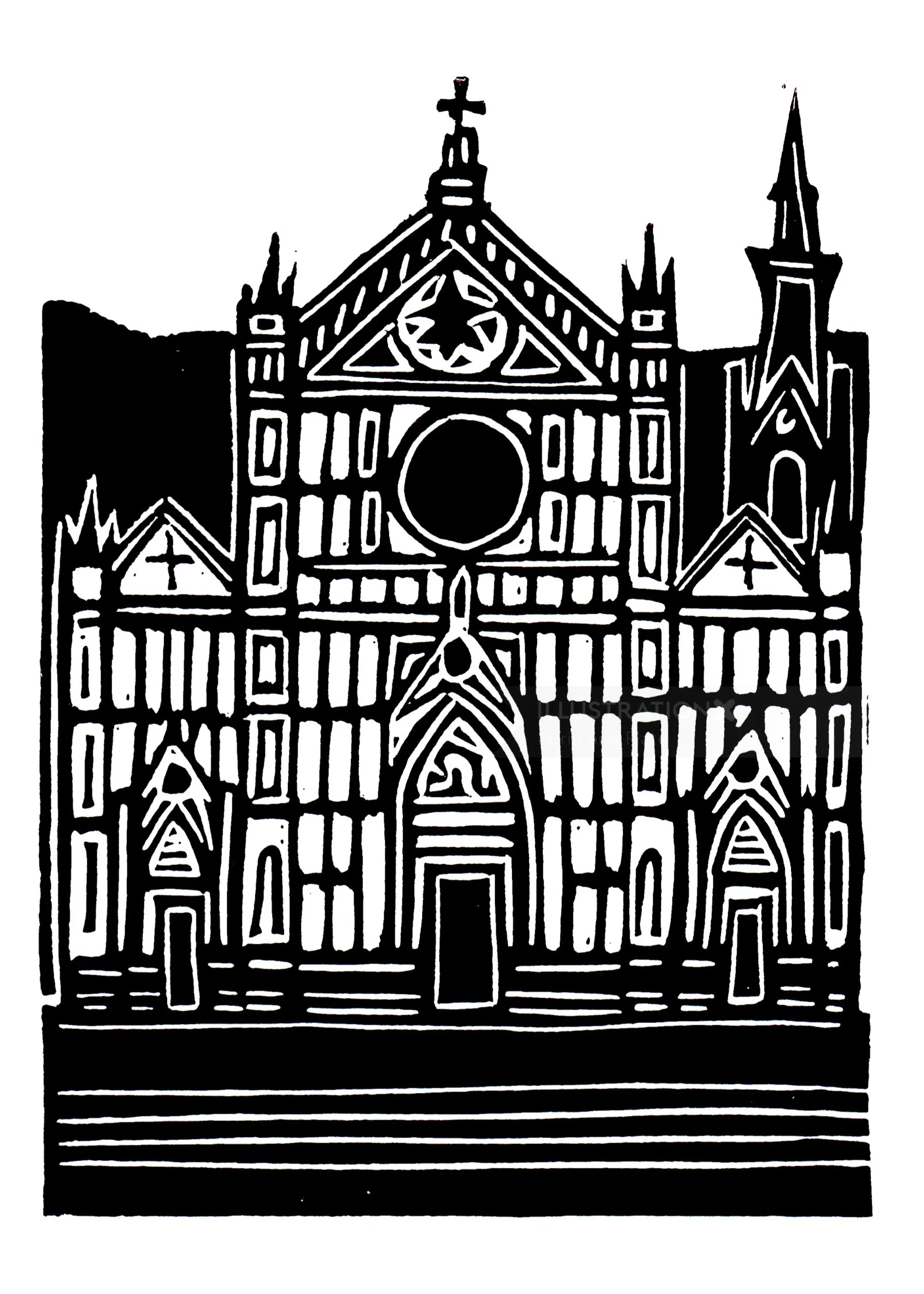 Burin and Plate linocut depicting Santa Croce Basilica in Florence