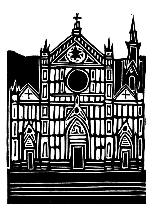 Burin and Plate linocut depicting Santa Croce Basilica in Florence