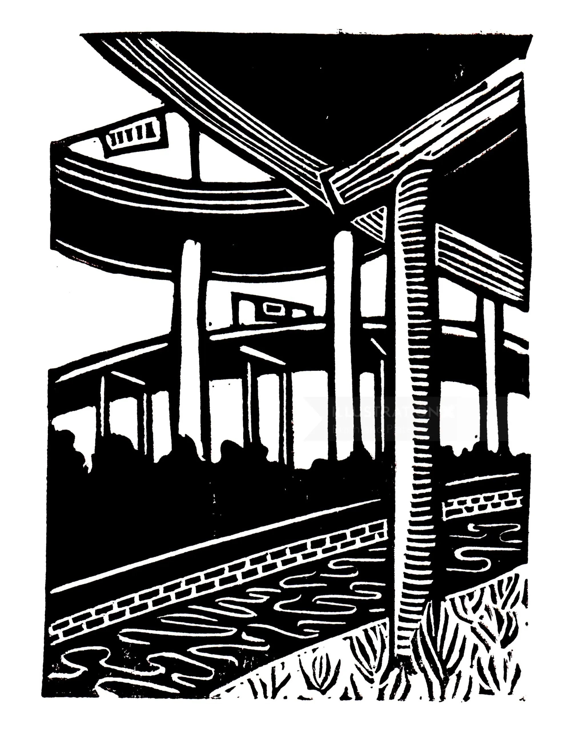 Linocut of Spaghetti Junction by Burin and Plate