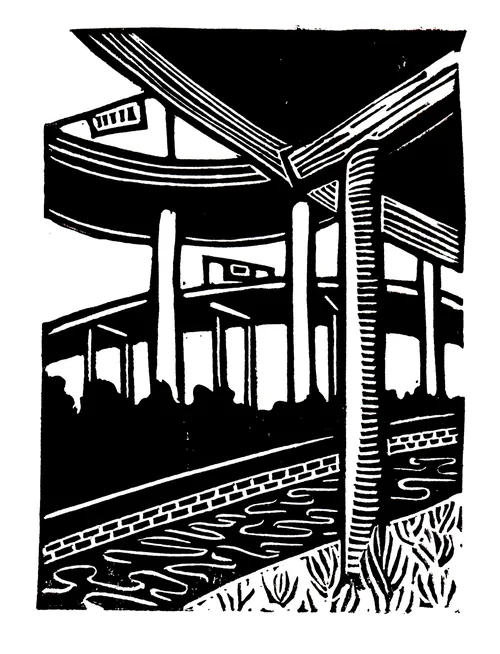 Linocut of Spaghetti Junction by Burin and Plate