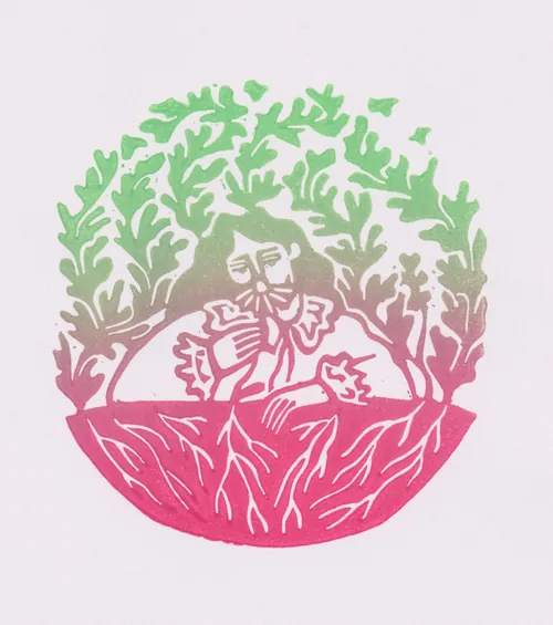 Burin and Plate linocut of a skeleton reclining among flowers and foliage