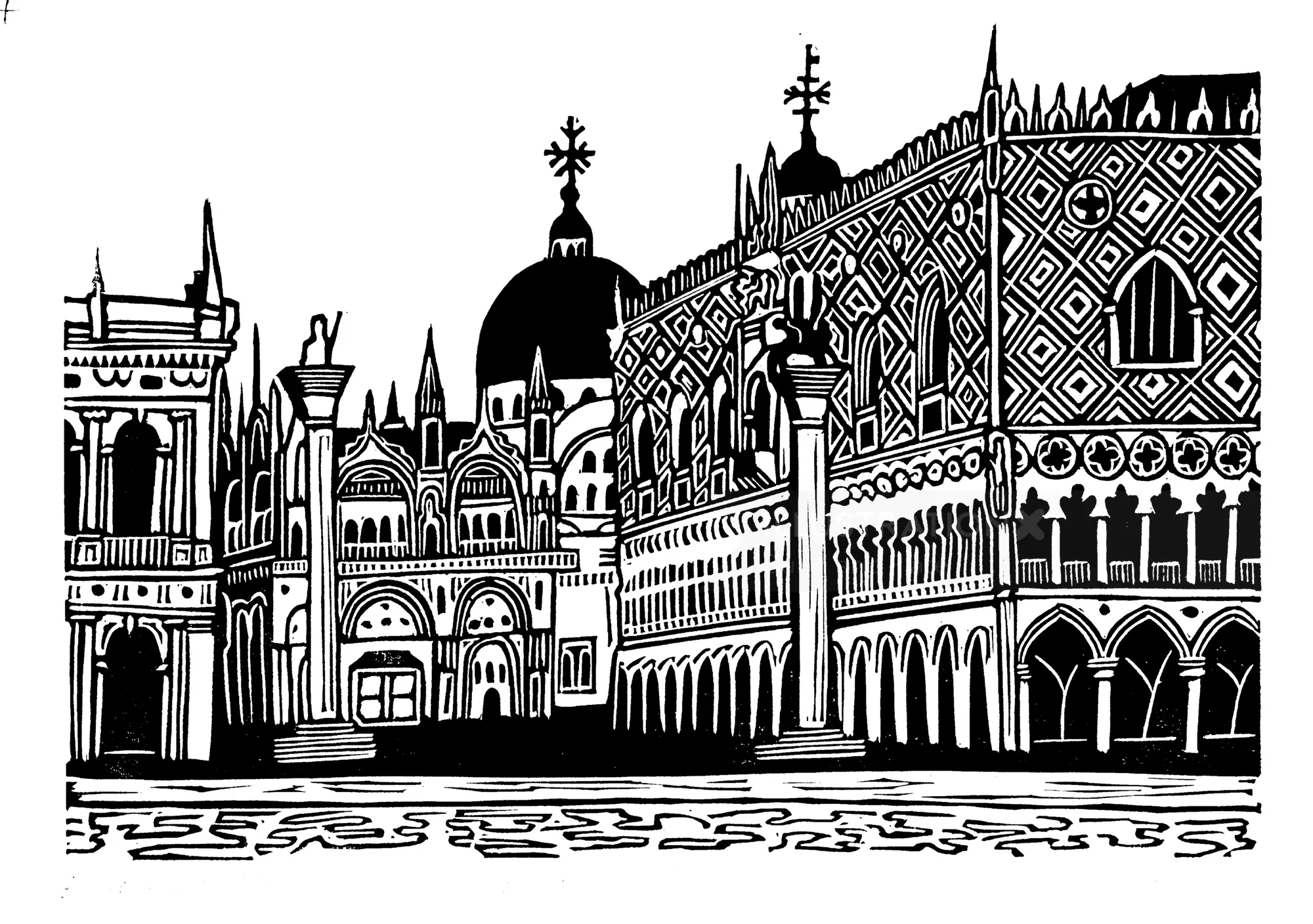 Linocut of St Mark's Square in Venice by Burin and Plate