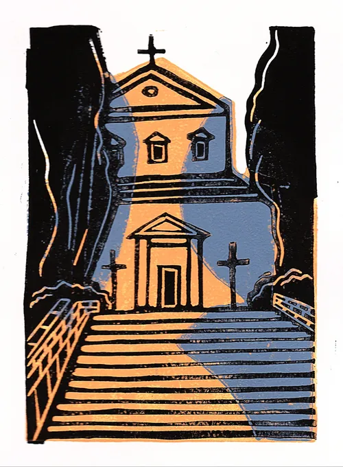 Linocut of a Florentine church at sunset by Burin and Plate