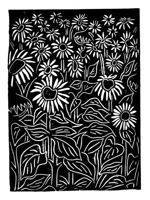 Linocut sunflower garden artwork by Burin and Plate