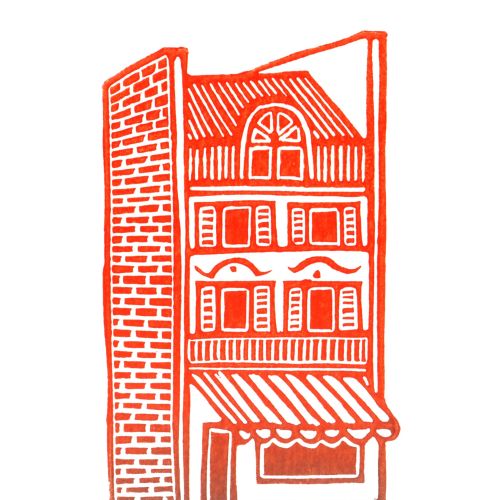 Burin and Plate linocut showing a townhouse reflected in rippling water