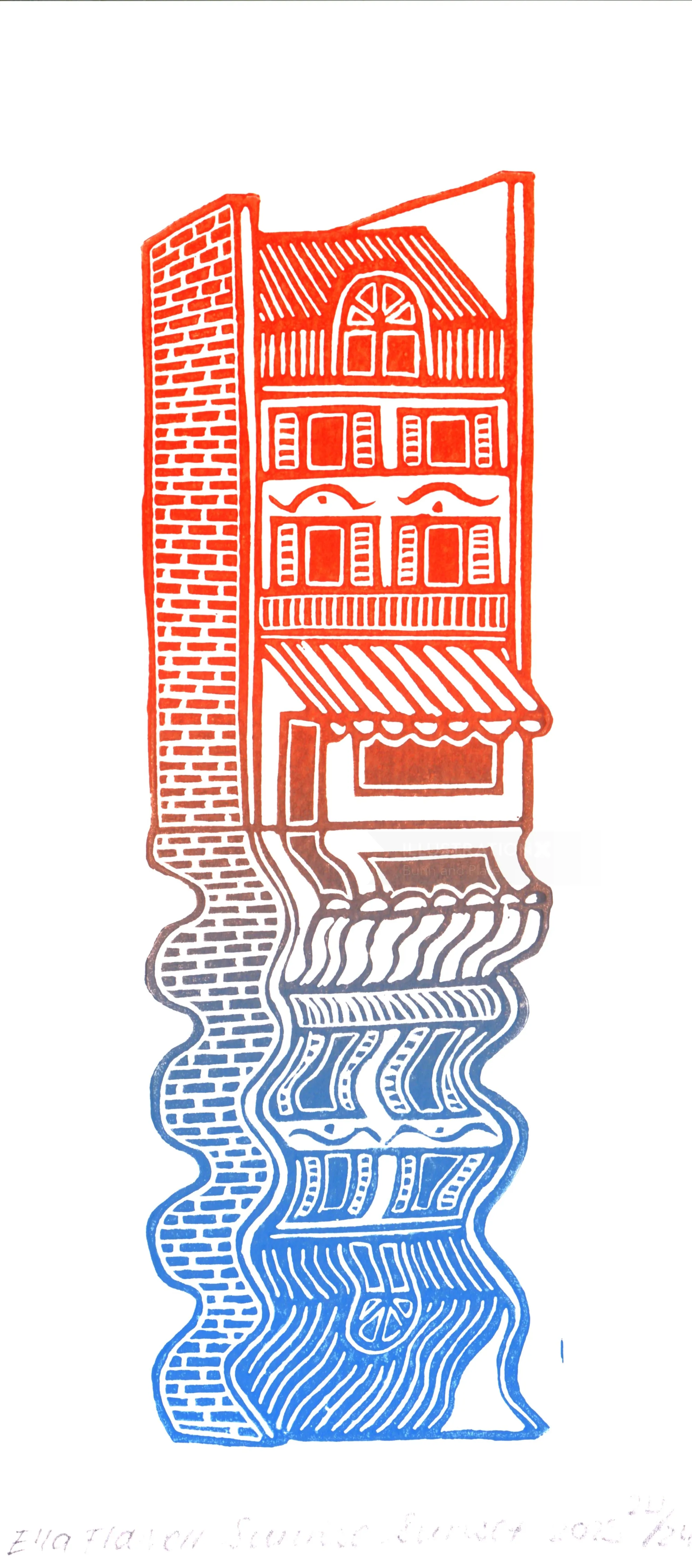 Burin and Plate linocut showing a townhouse reflected in rippling water