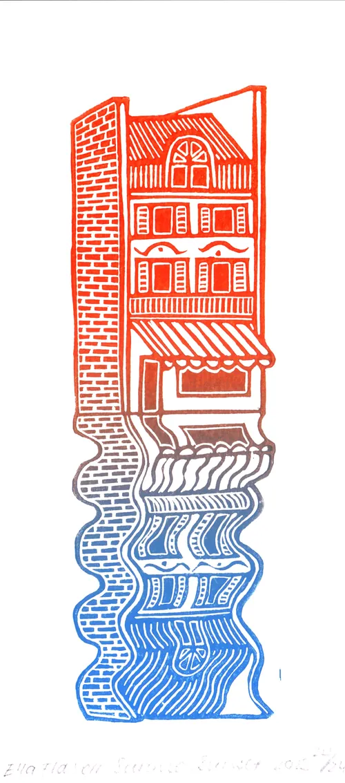 Burin and Plate linocut showing a townhouse reflected in rippling water