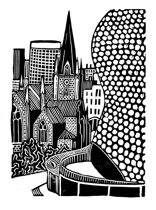 Linocut of Birmingham Bullring by Burin and Plate