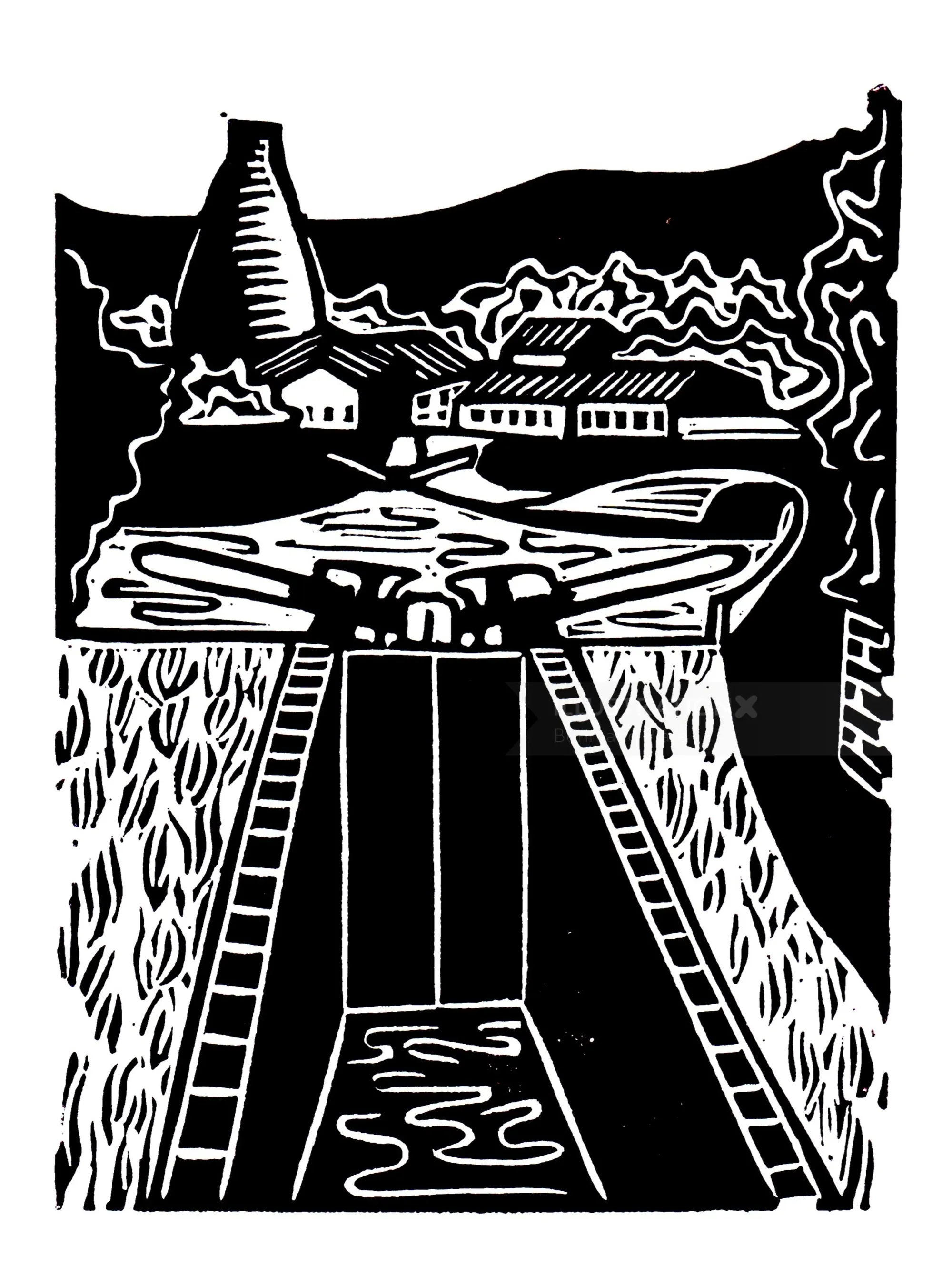 Linocut print of the Glass Cone at Stourbridge by Burin and Plate