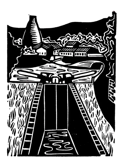 Linocut print of the Glass Cone at Stourbridge by Burin and Plate