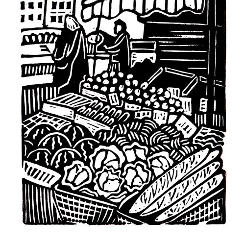 Burin and Plate linocut showing a bustling market stall with produce