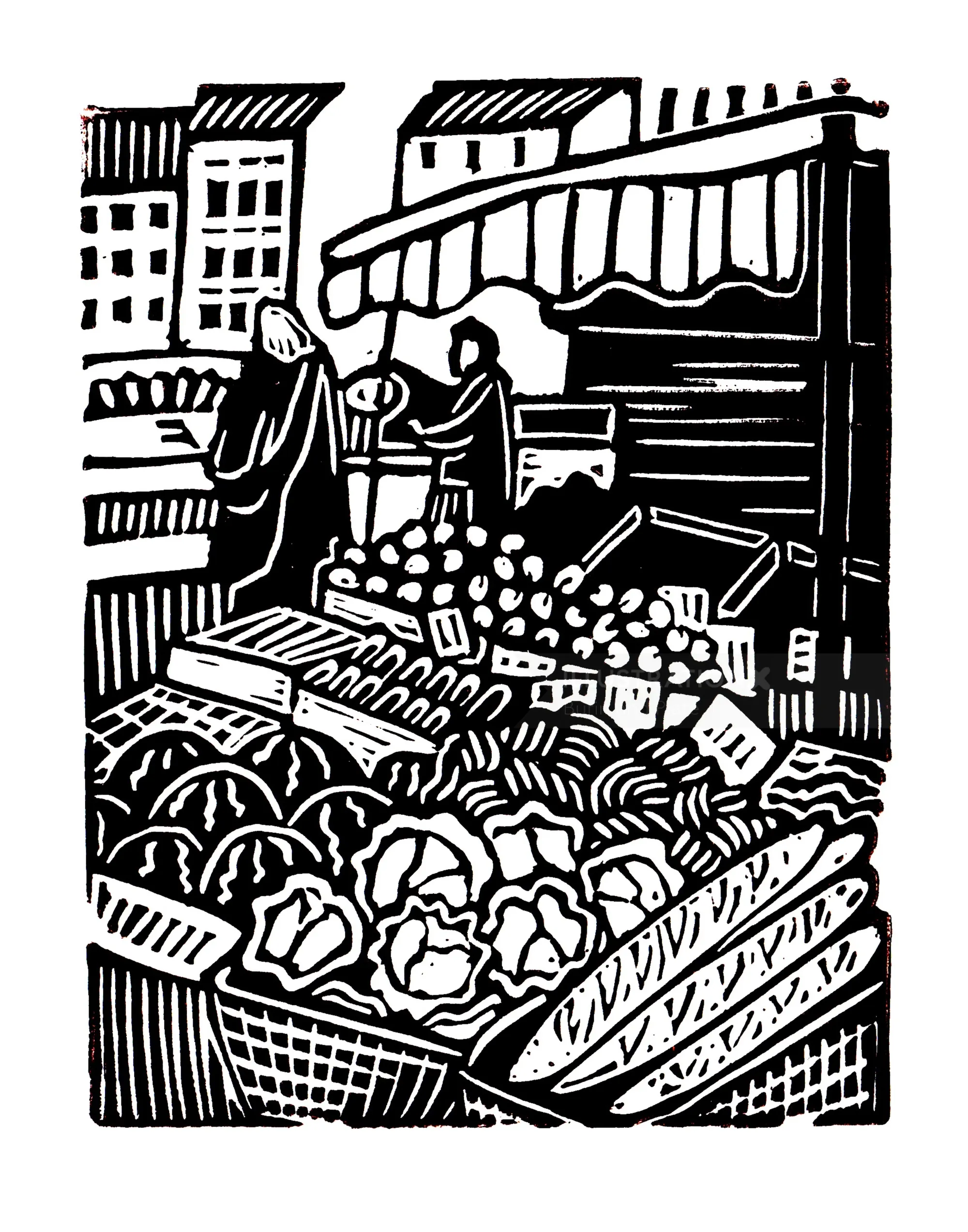 Burin and Plate linocut showing a bustling market stall with produce