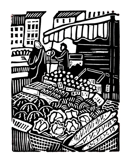 Burin and Plate linocut showing a bustling market stall with produce