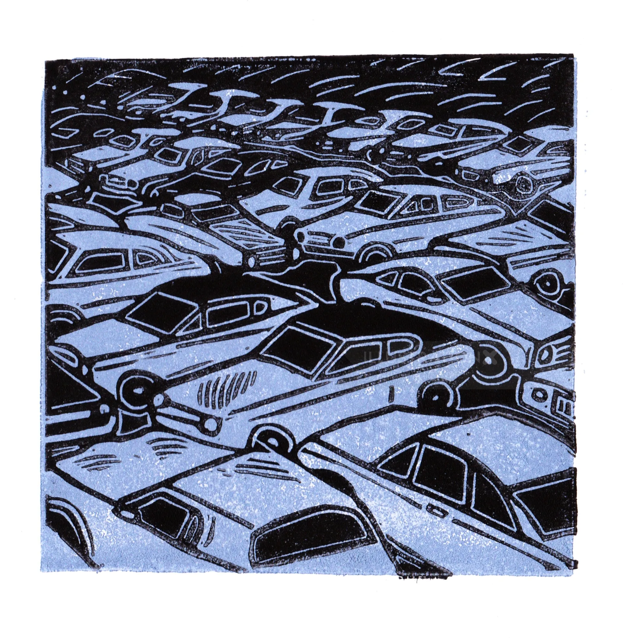Burin and Plate artwork showing densely layered cars in a monochrome print