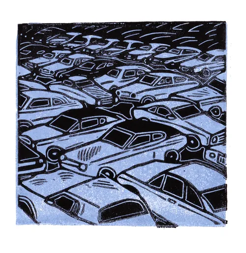 Burin and Plate artwork showing densely layered cars in a monochrome print