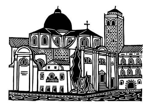 Burin and Plate linocut depicting a Venetian church and bell tower
